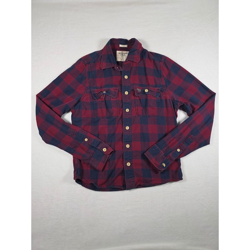 Abercrombie & Fitch Flannel‎ Shirt Muscle Fit Buffalo Plaid Large Burgundy Blue
